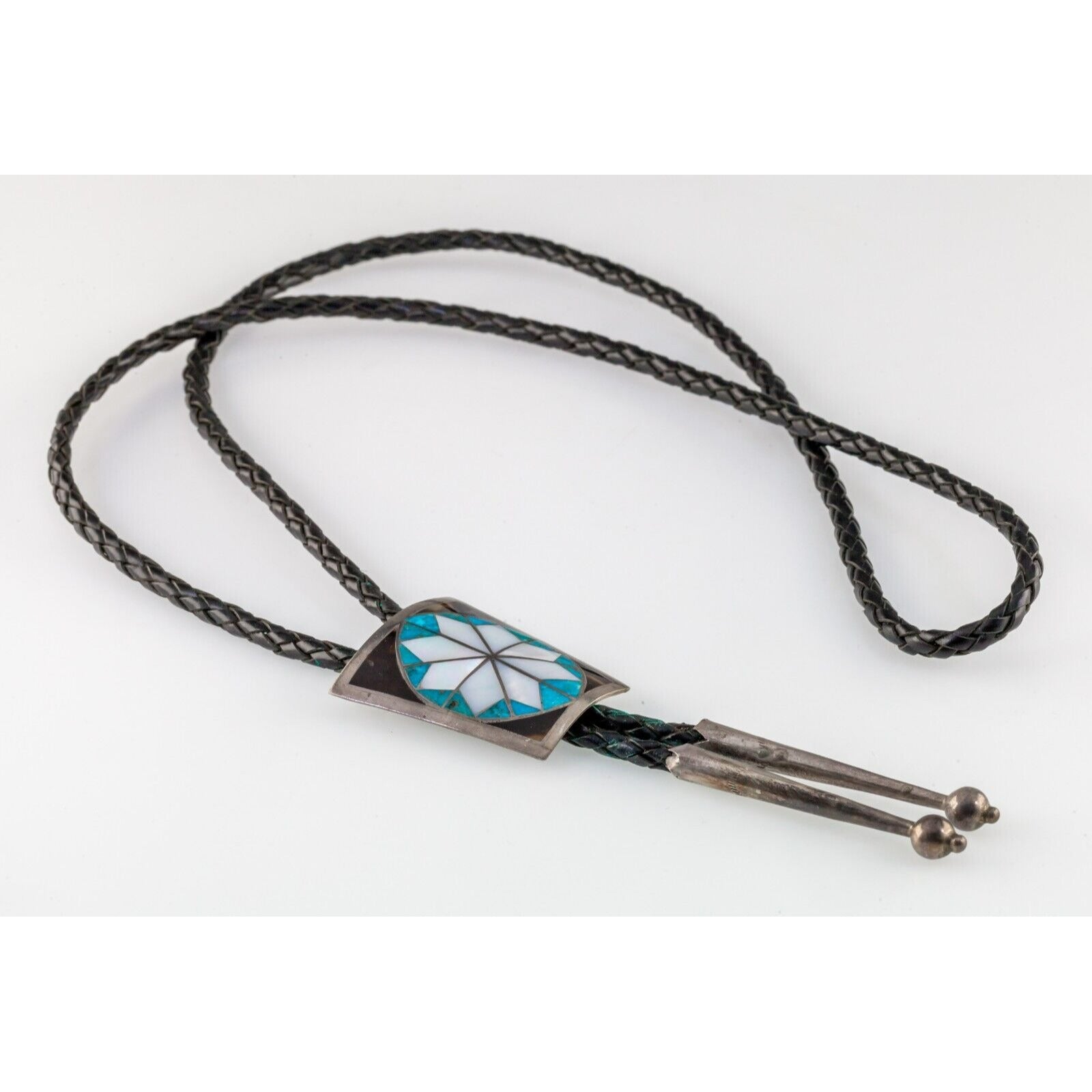 Sterling Silver Onyx, Mother of Pearl, Turquoise Bolo Tie Signed
