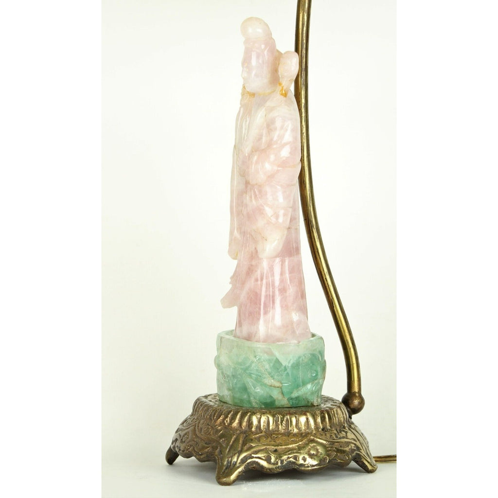 Guanyin Table Lamp 20th Century Chinese Carved Rose Quartz and Green Fluorite