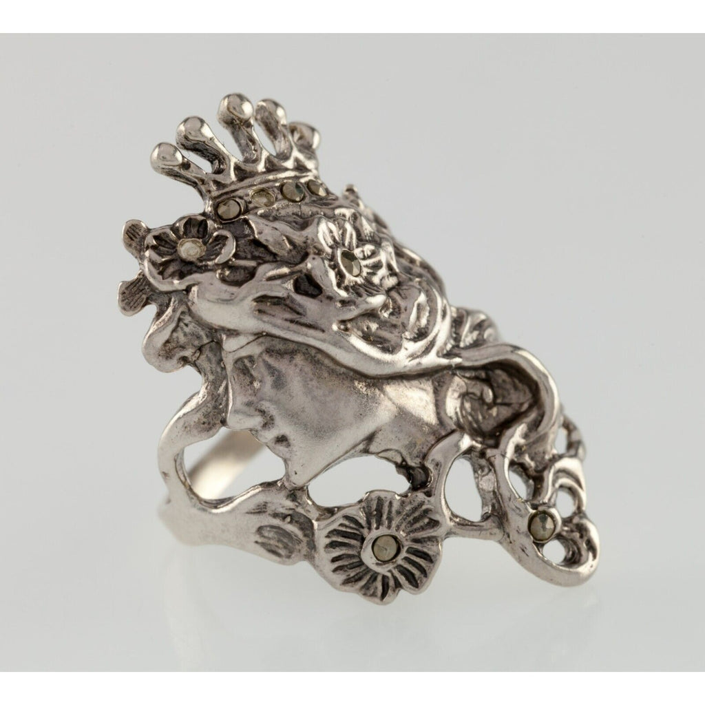 Vintage Art Nouveau Princess w/Accenting Marcasite Sterling Silver Ring Size 5