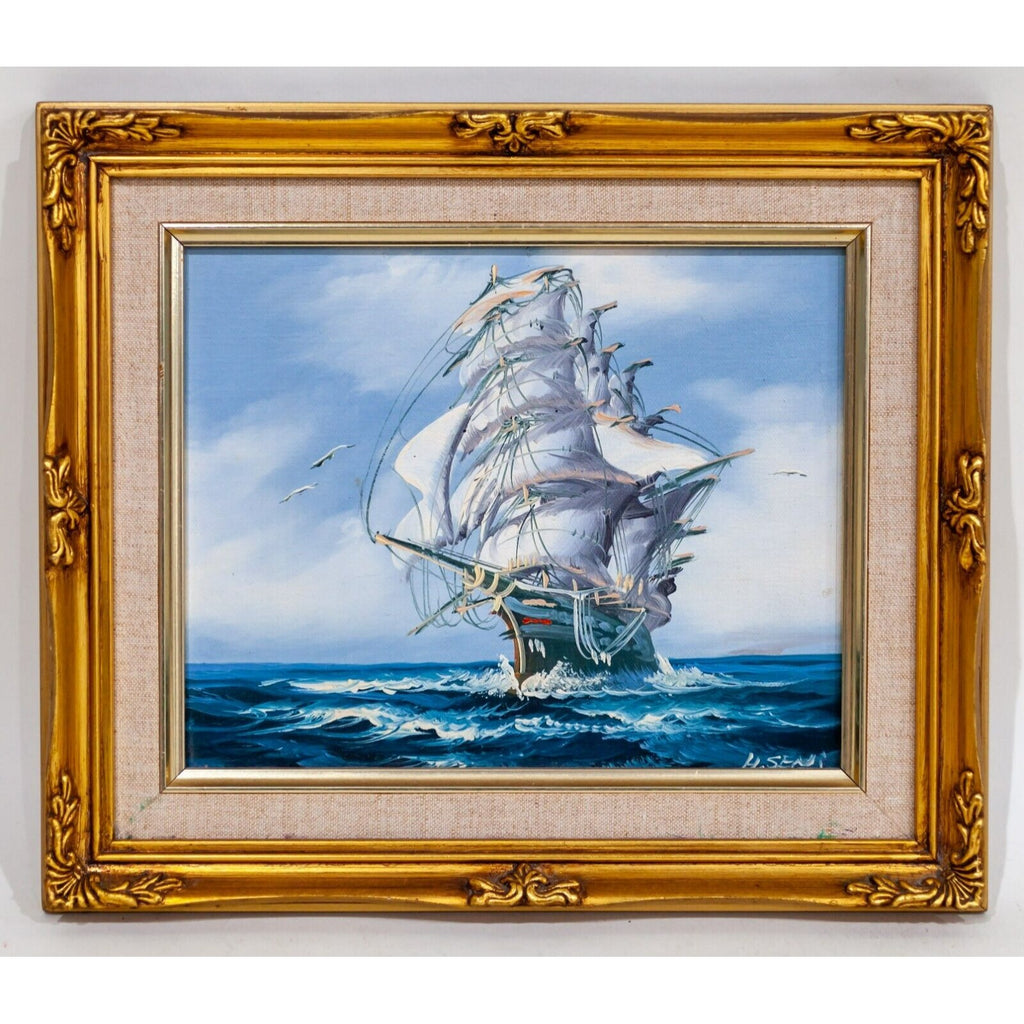 Untitled Oil Painting on Board of a Schooner Sailboat Signed H. Seni Framed