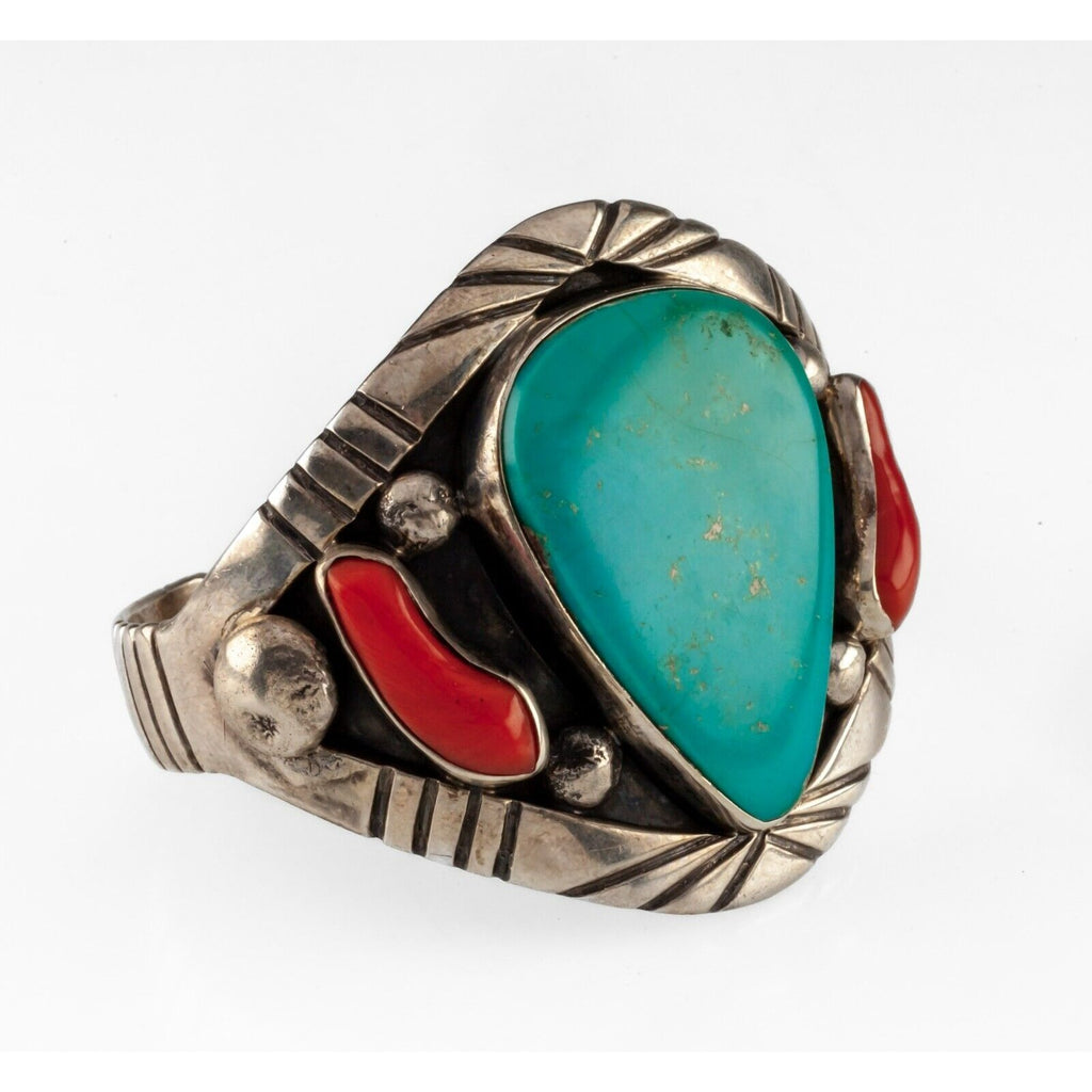 Navajo Kelvis Josh Turquoise & Coral Wide Cuff Bracelet 68.5gr