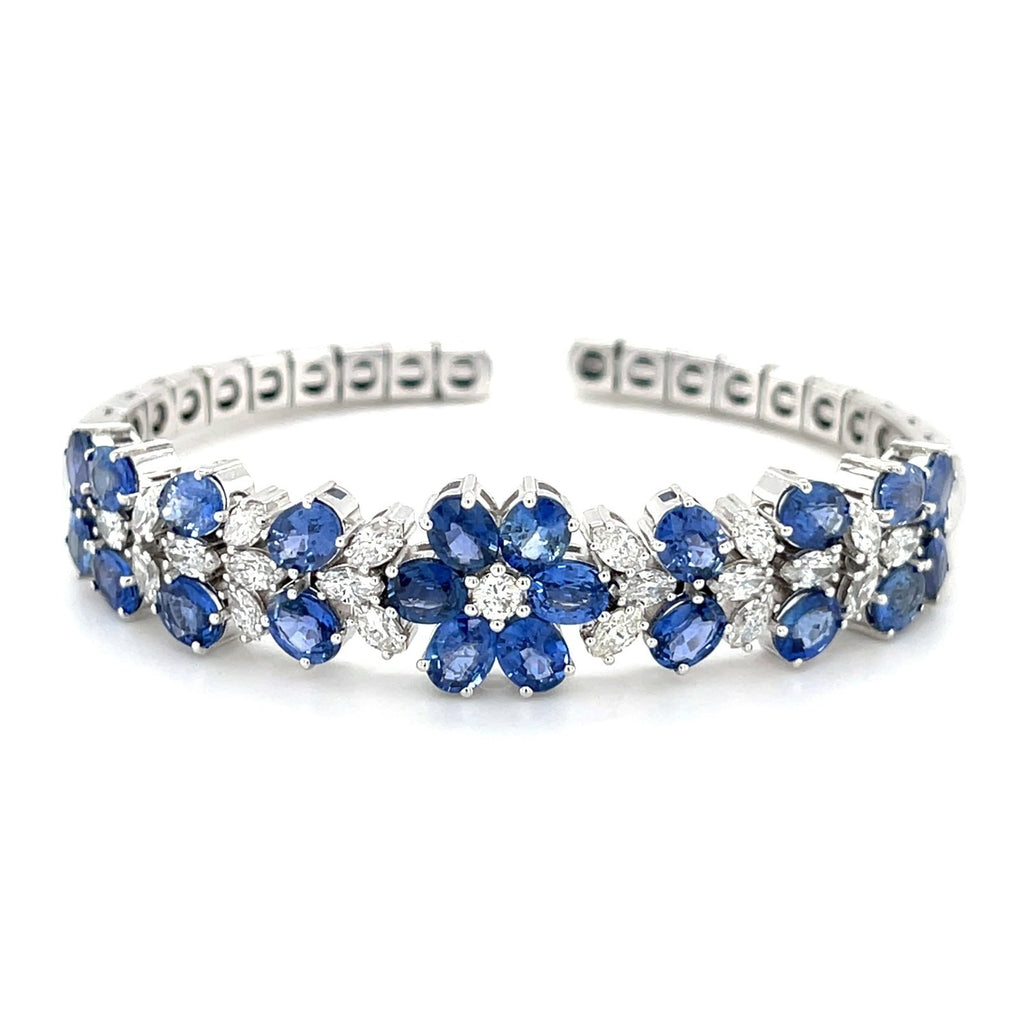 18K White Gold Ladies Flower Bracelet 3.50 cts diamonds 12 ct Ceylon Sapphires