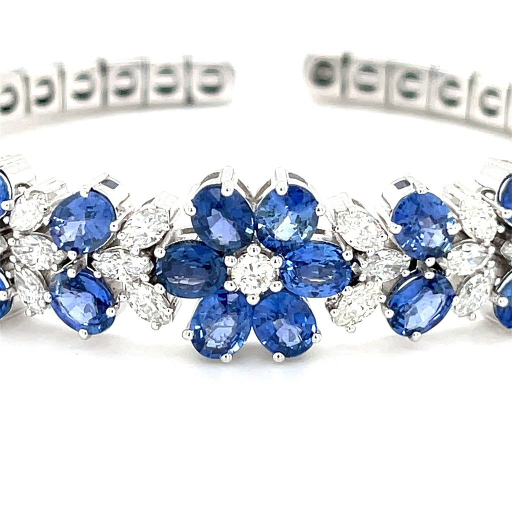 18K White Gold Ladies Flower Bracelet 3.50 cts diamonds 12 ct Ceylon Sapphires