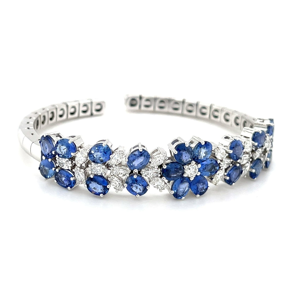 18K White Gold Ladies Flower Bracelet 3.50 cts diamonds 12 ct Ceylon Sapphires