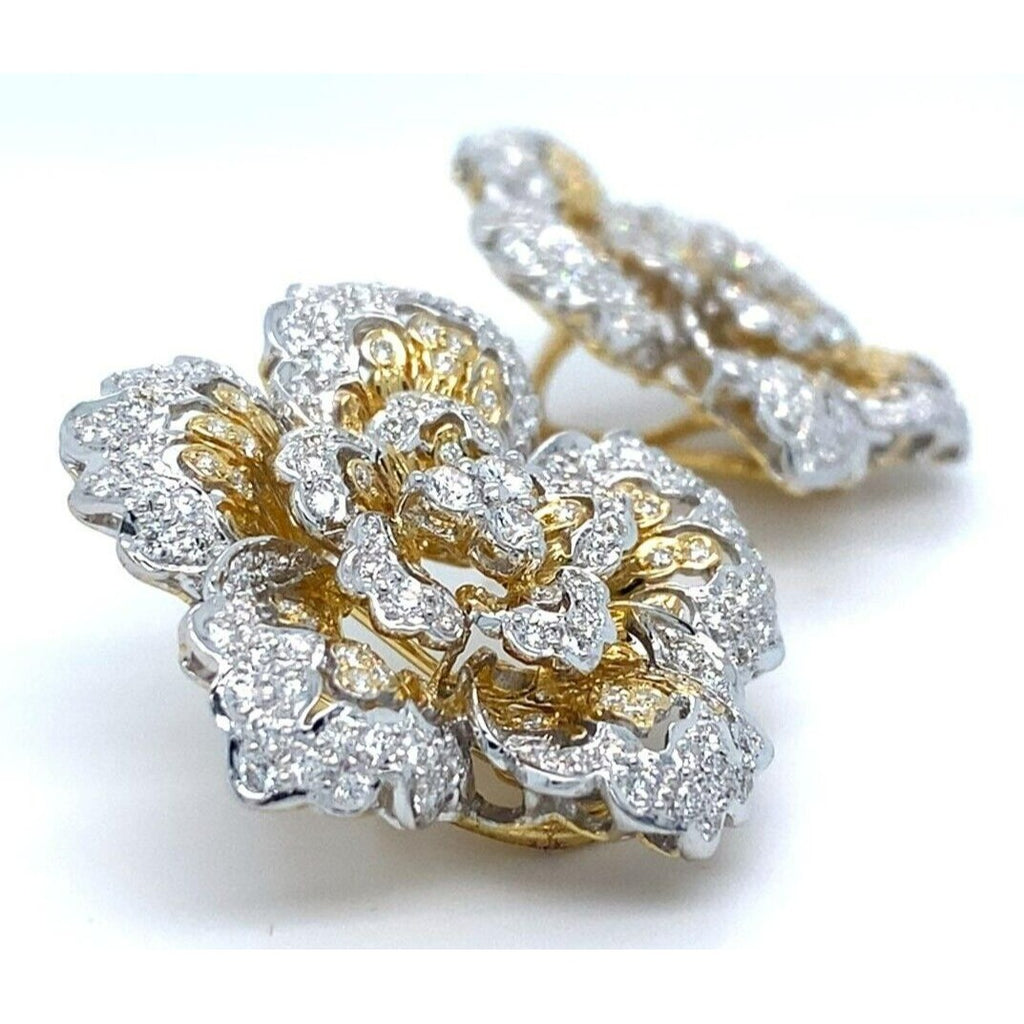 18k Two Gold Gold 3.24 Ct. Diamond Floral Ear Clips Gorgeous!