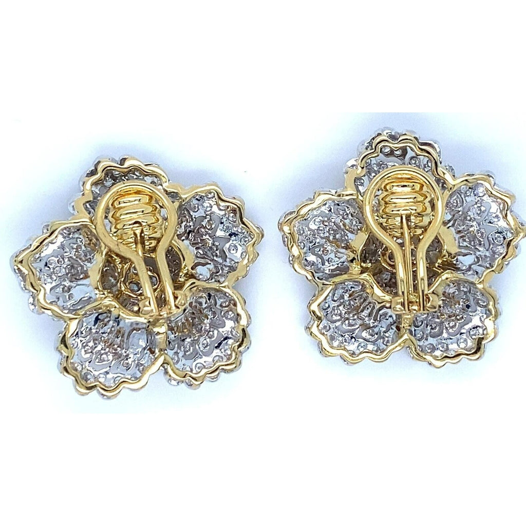 18k Two Gold Gold 3.24 Ct. Diamond Floral Ear Clips Gorgeous!