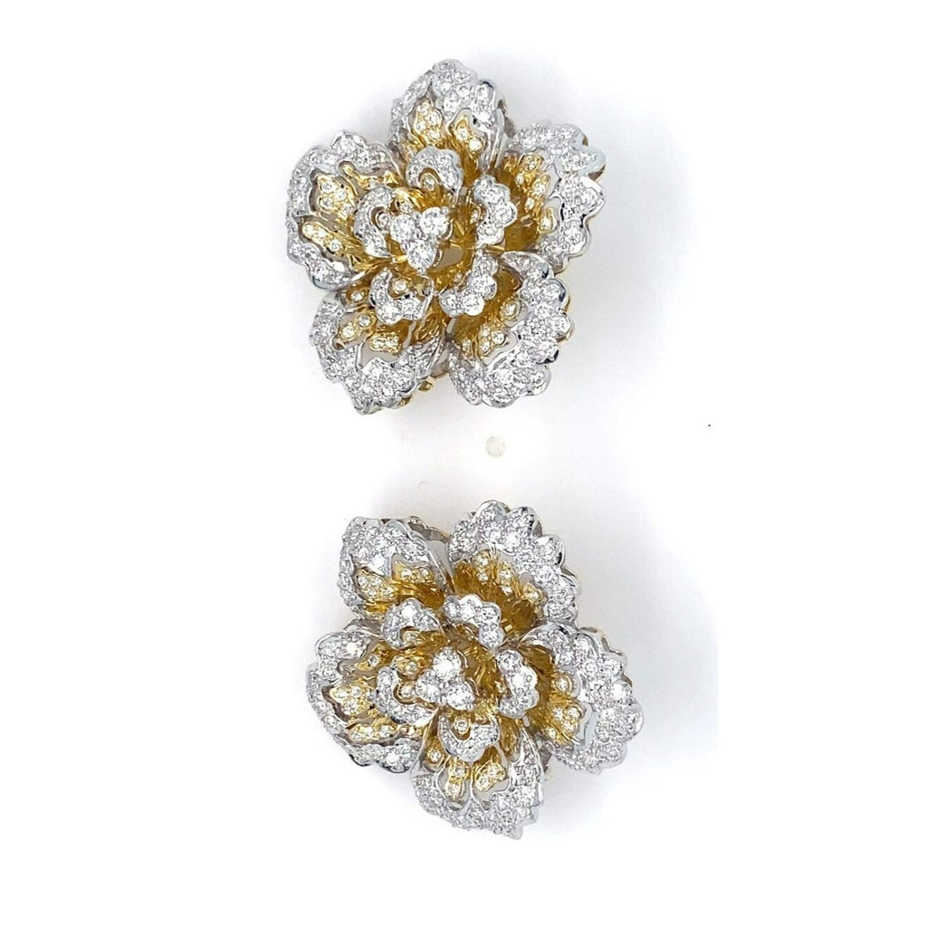 18k Two Gold Gold 3.24 Ct. Diamond Floral Ear Clips Gorgeous!