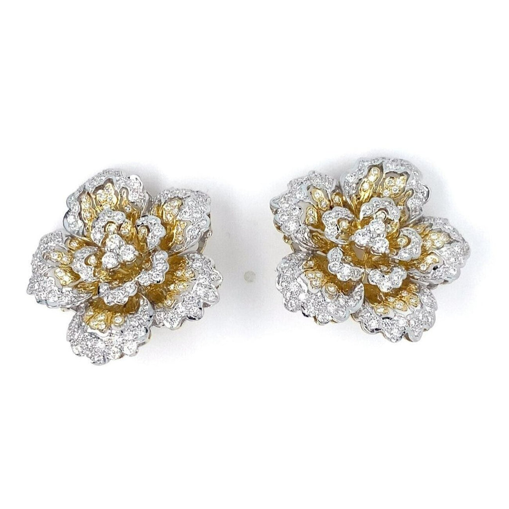 18k Two Gold Gold 3.24 Ct. Diamond Floral Ear Clips Gorgeous!