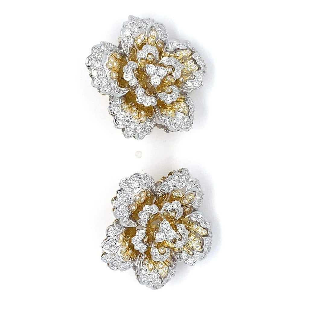 18k Two Gold Gold 3.24 Ct. Diamond Floral Ear Clips Gorgeous!