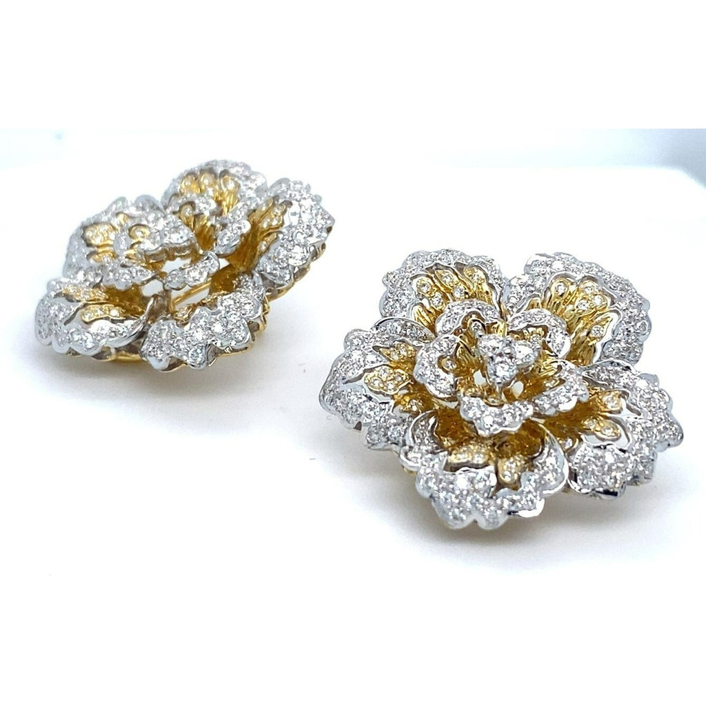 18k Two Gold Gold 3.24 Ct. Diamond Floral Ear Clips Gorgeous!