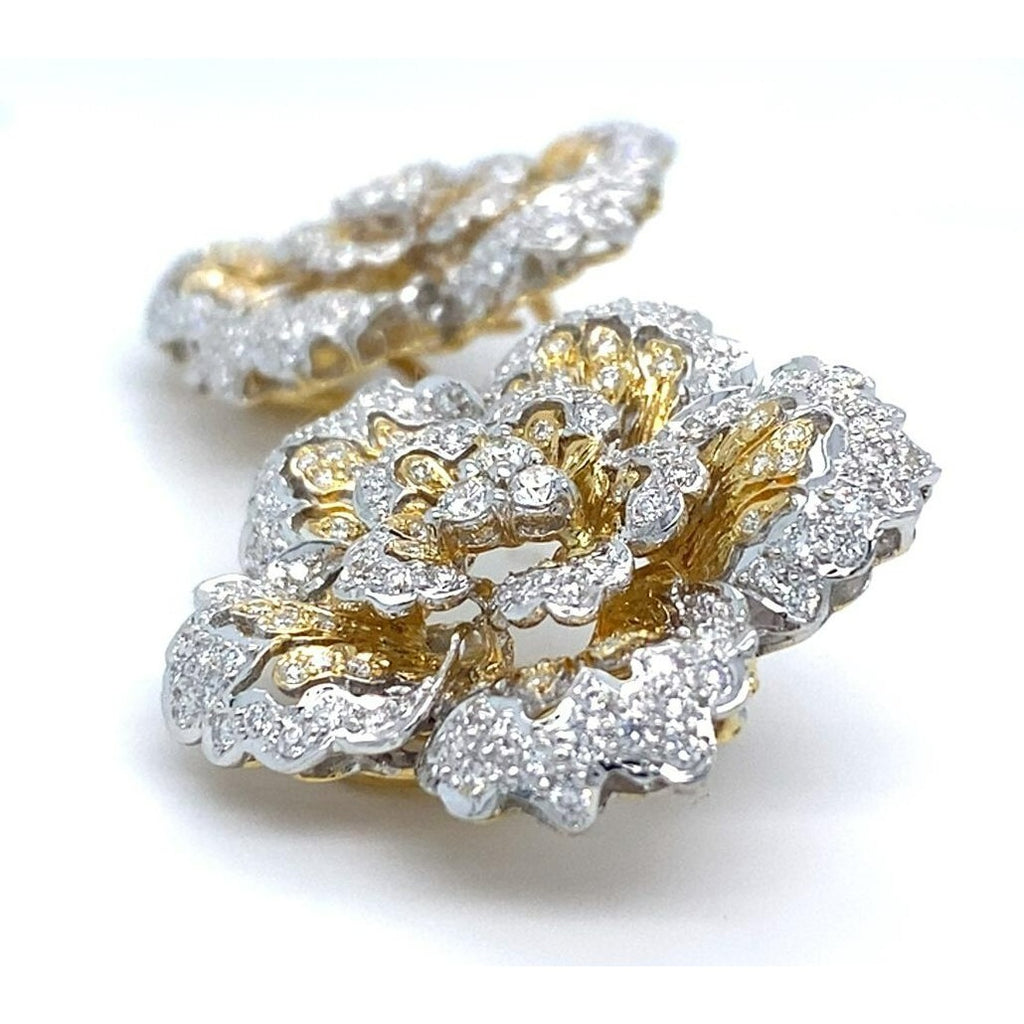 18k Two Gold Gold 3.24 Ct. Diamond Floral Ear Clips Gorgeous!