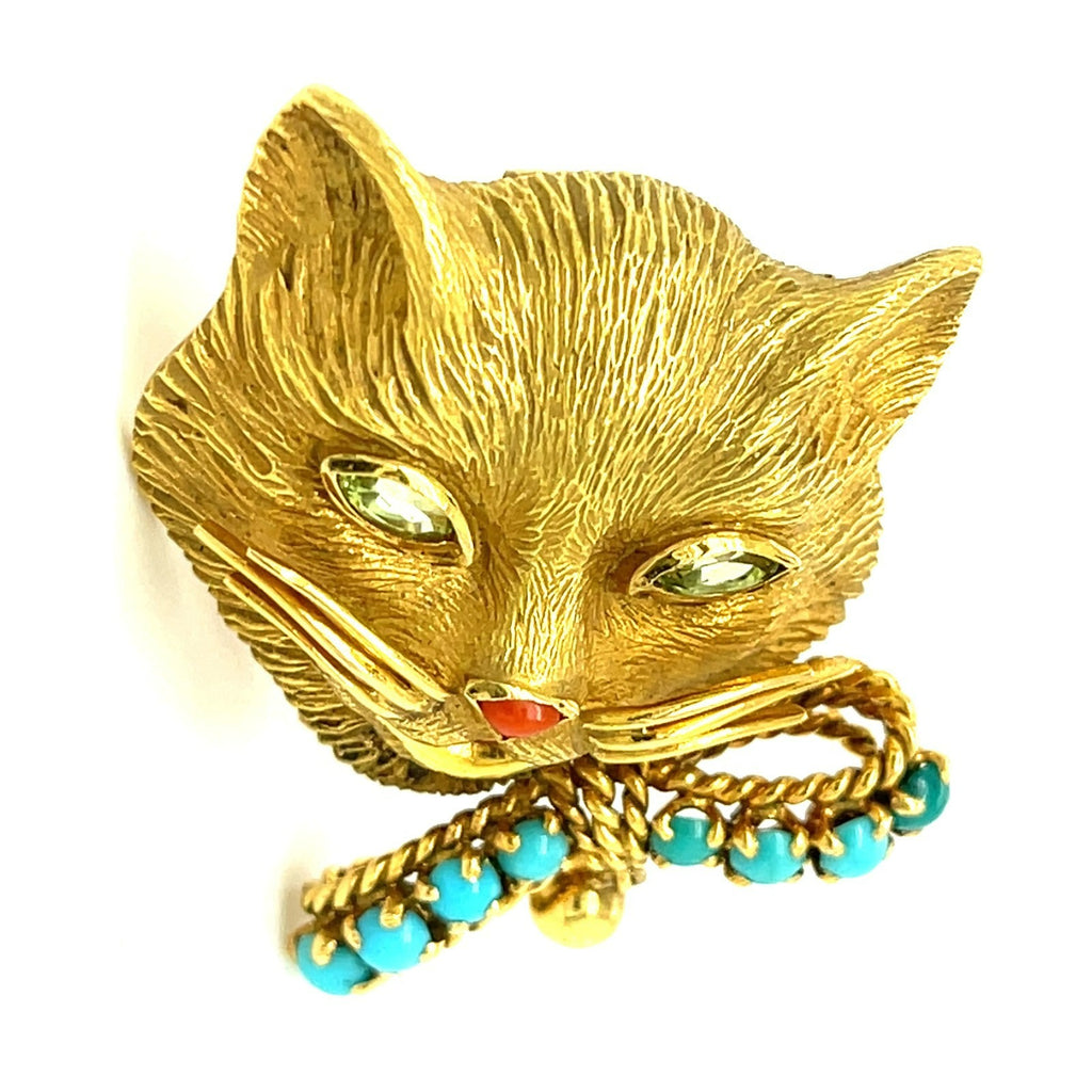 18k Yellow Gold Fred Cat Brooch with Turquoise, Peridot, and Coral Accents