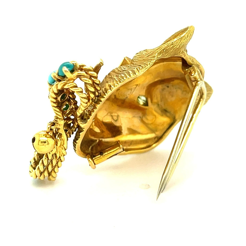 18k Yellow Gold Fred Cat Brooch with Turquoise, Peridot, and Coral Accents