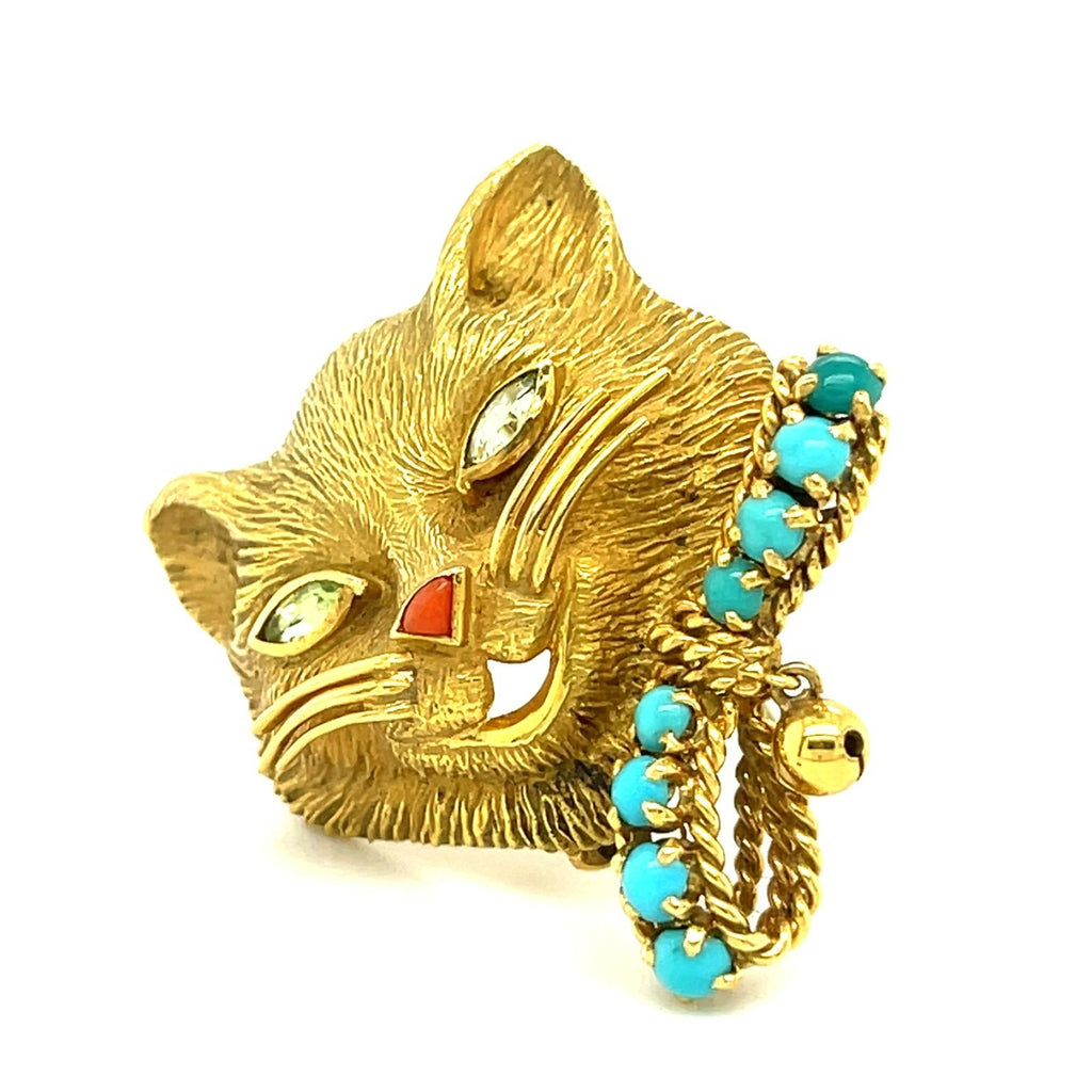 18k Yellow Gold Fred Cat Brooch with Turquoise, Peridot, and Coral Accents