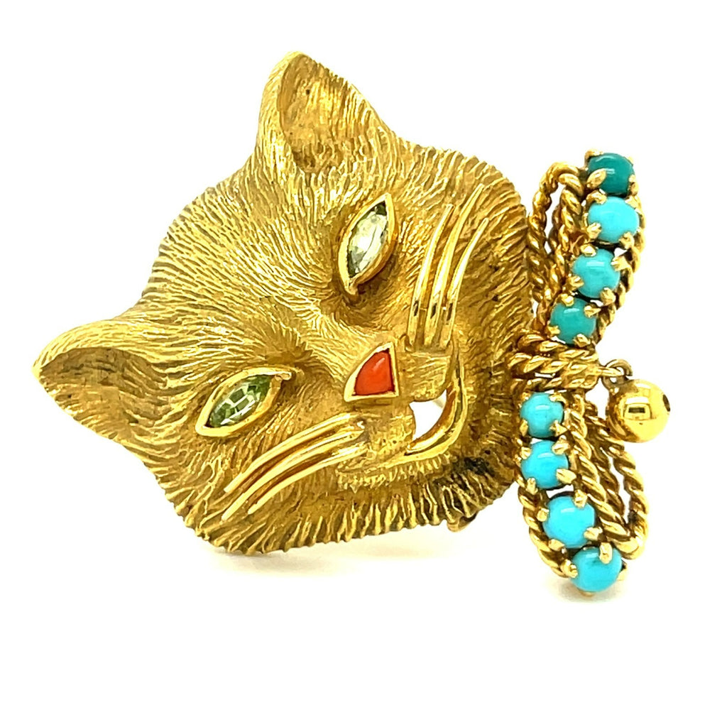 18k Yellow Gold Fred Cat Brooch with Turquoise, Peridot, and Coral Accents