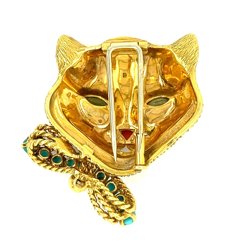 18k Yellow Gold Fred Cat Brooch with Turquoise, Peridot, and Coral Accents
