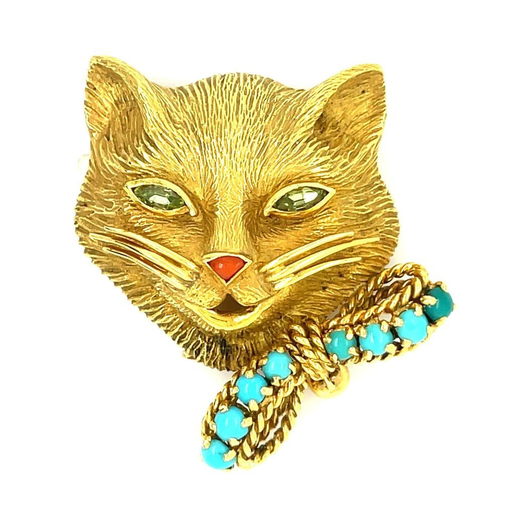 18k Yellow Gold Fred Cat Brooch with Turquoise, Peridot, and Coral Accents