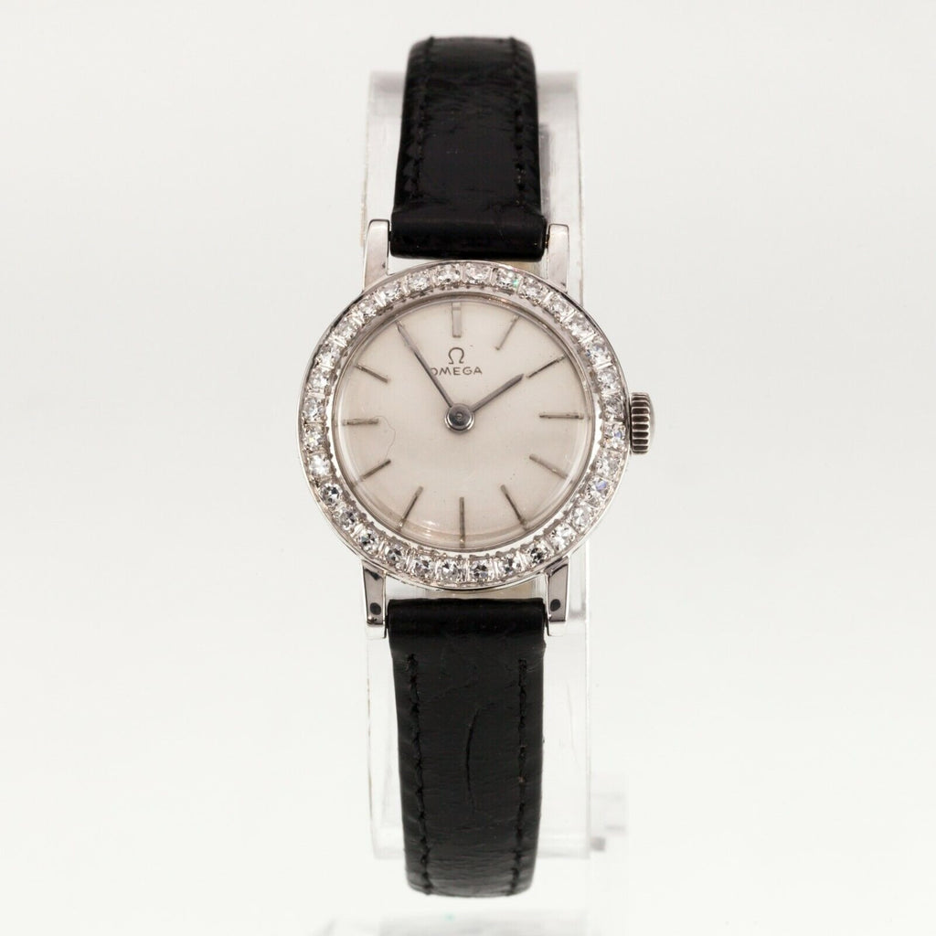 Omega 18k White Gold Women's Manual Wind Watch with Diamond Bezel #484