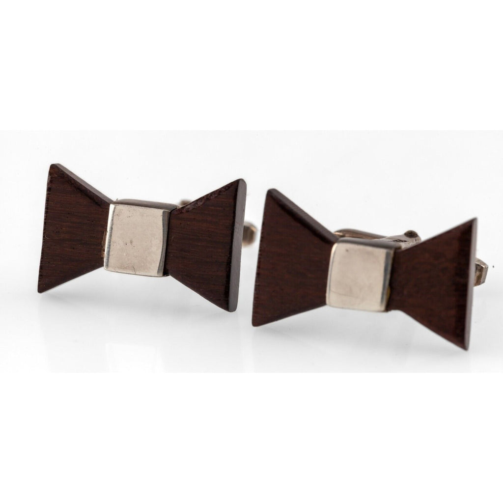 Vintage Taxco Mexico Signed Beto Sterling Silver & Dark Wood Bowtie Cufflinks