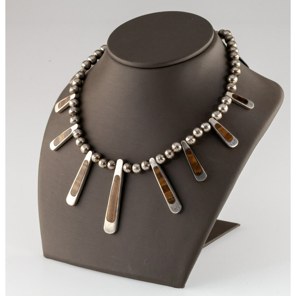 Mexico Sterling Silver Tiger Eye Bib Bead Necklace Gorgeous! 17"
