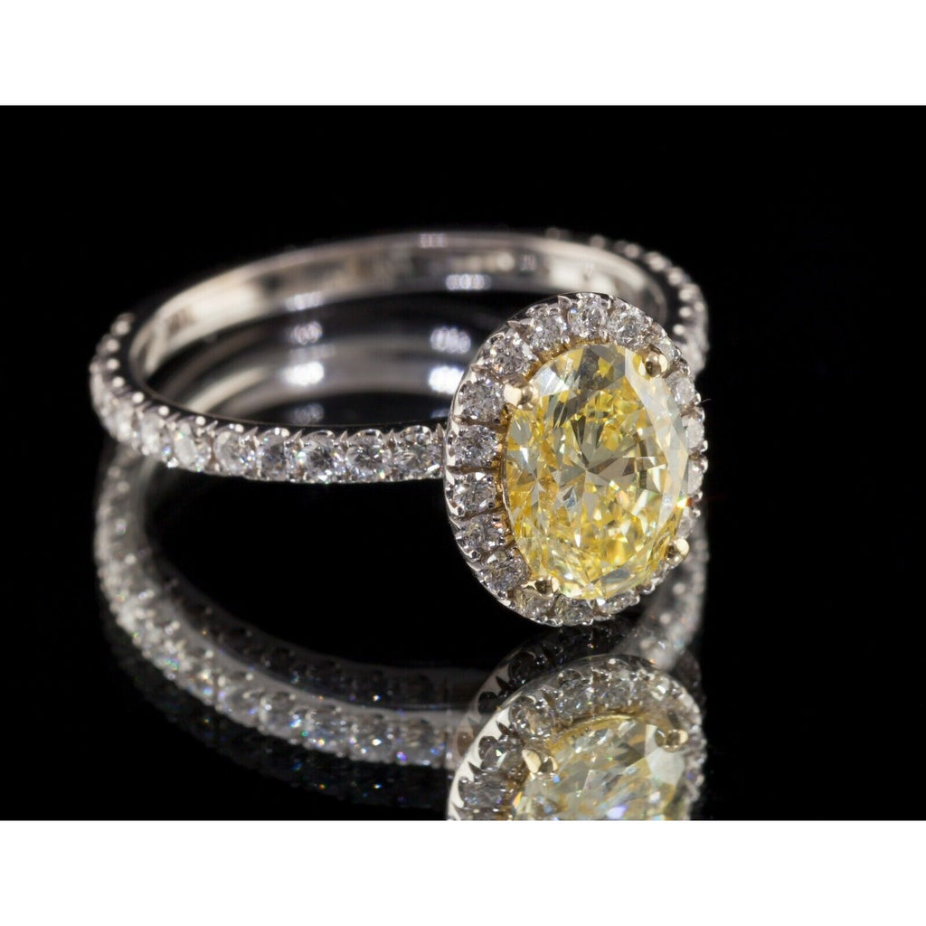 1.23 Carat Oval Cut Fancy Yellow Lab Created Diamond Ring 18k White Gold