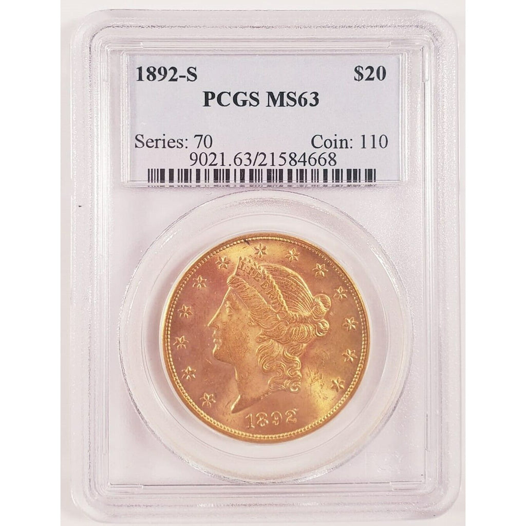 1892-S $20 Gold Liberty Double Eagle Graded by PCGS as MS-63! Early US Gold!