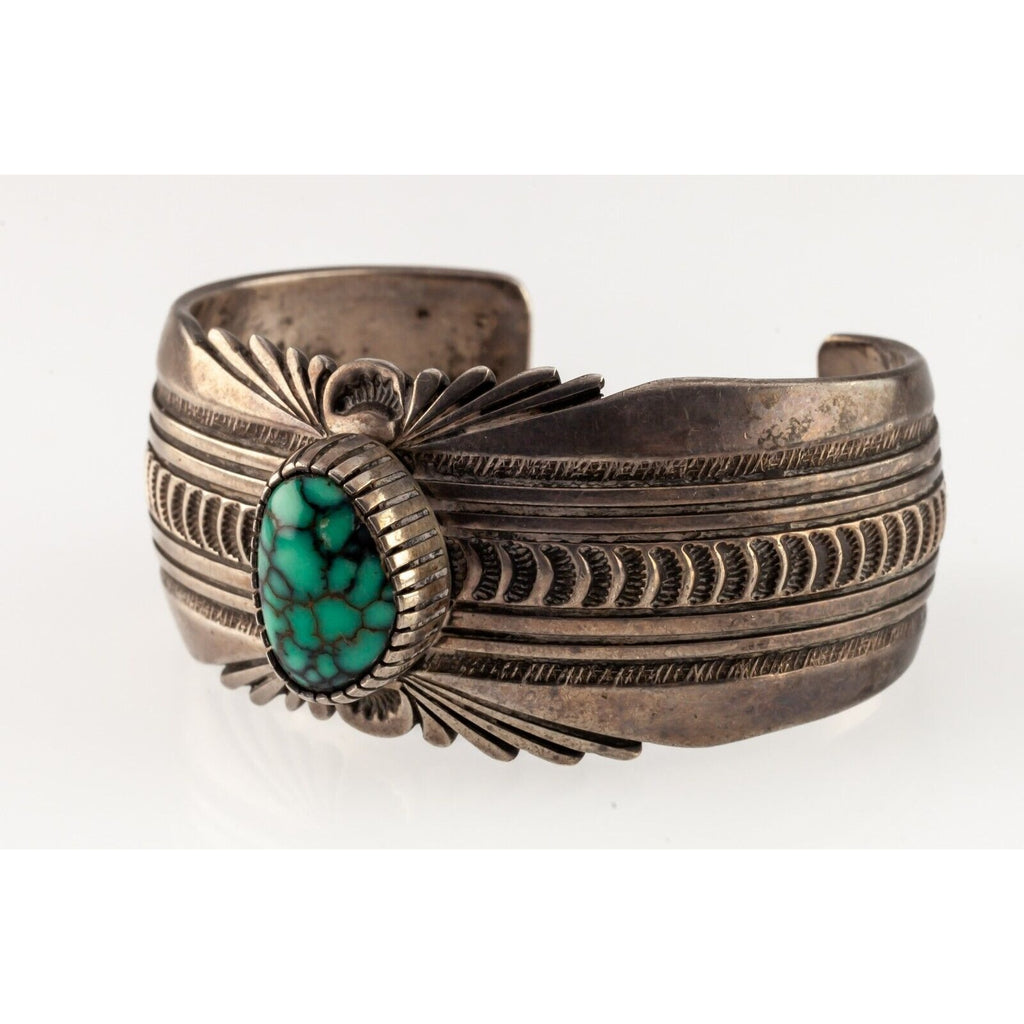 Navajo Turquoise Sunrise Stamped Sterling Silver Cuff Bracelet by R. Taylor