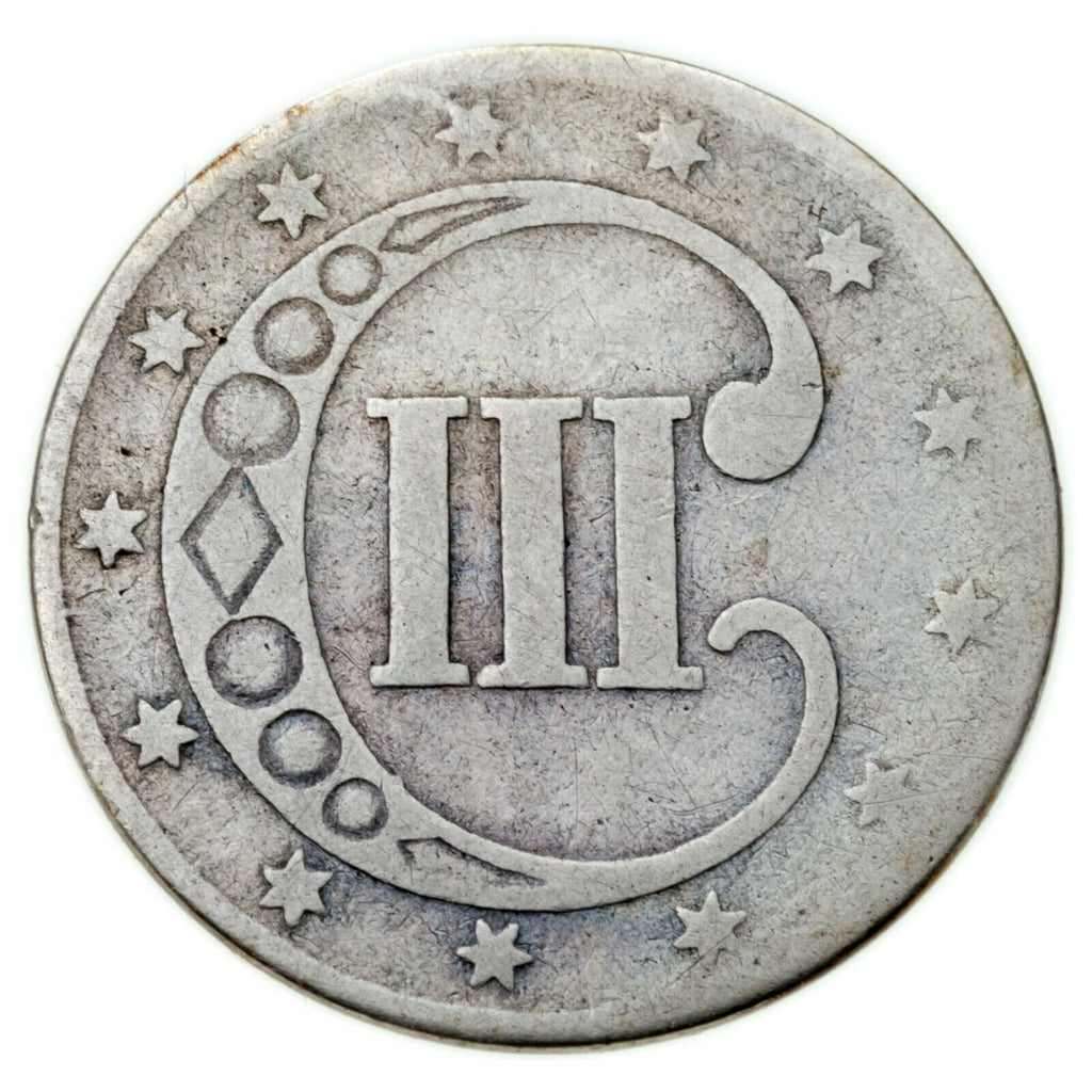 1852 3 Cent Silver Piece in Good Condition, Full Rims, Gray Color