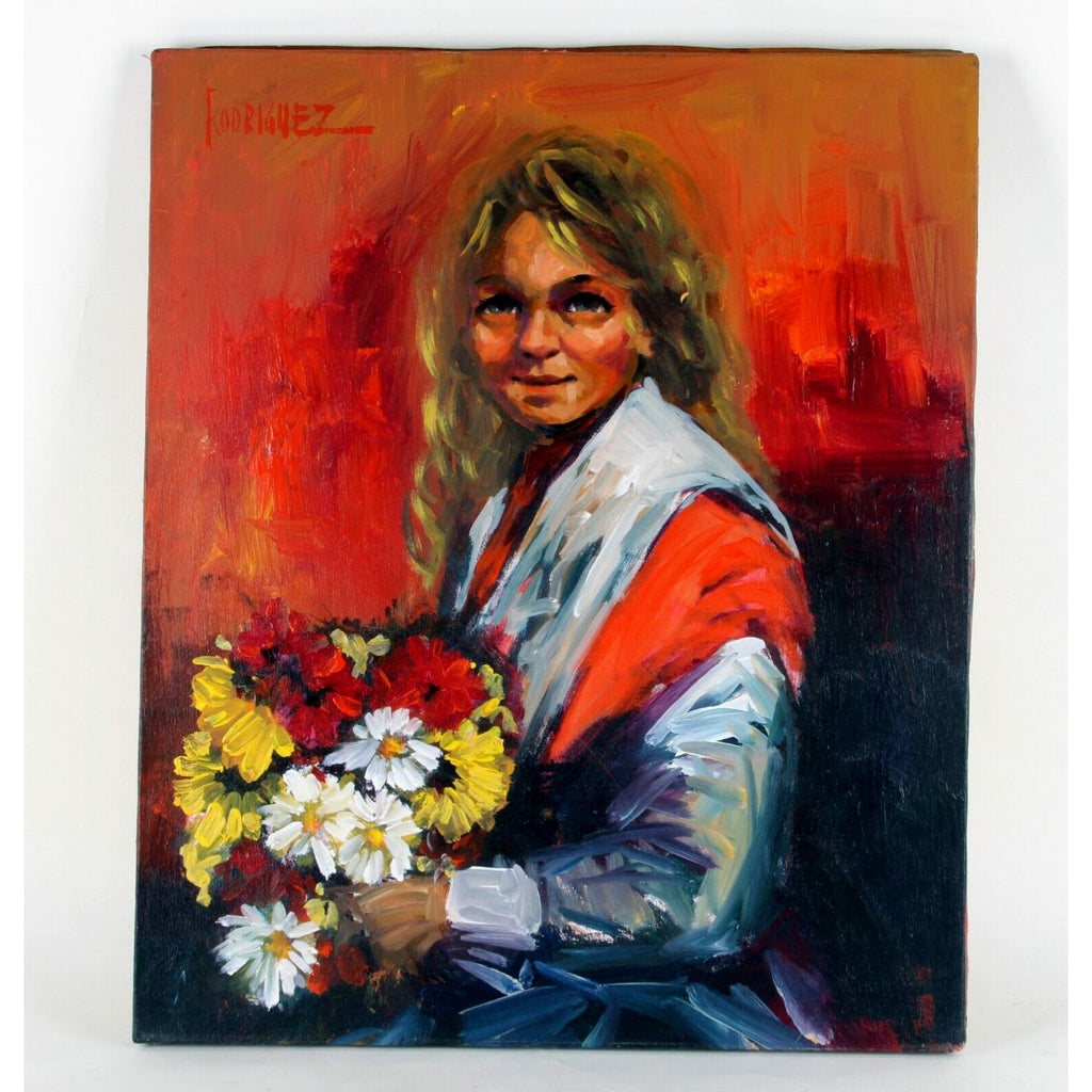"Girl with Bouquet" by Rodriguez, Oil Painting on Canvas, 24x20