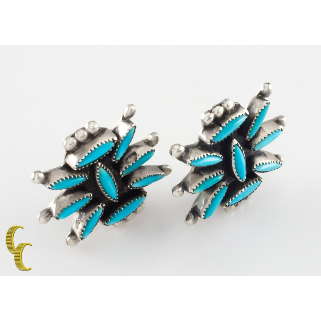 Sterling Silver Turquoise Sunburst Clip-On Earrings Beautiful!