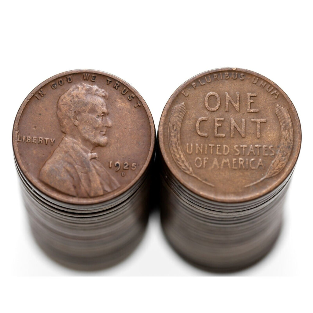 1925-D 1C Lincoln Cent Penny Roll VG to VF Condition, Brown Color