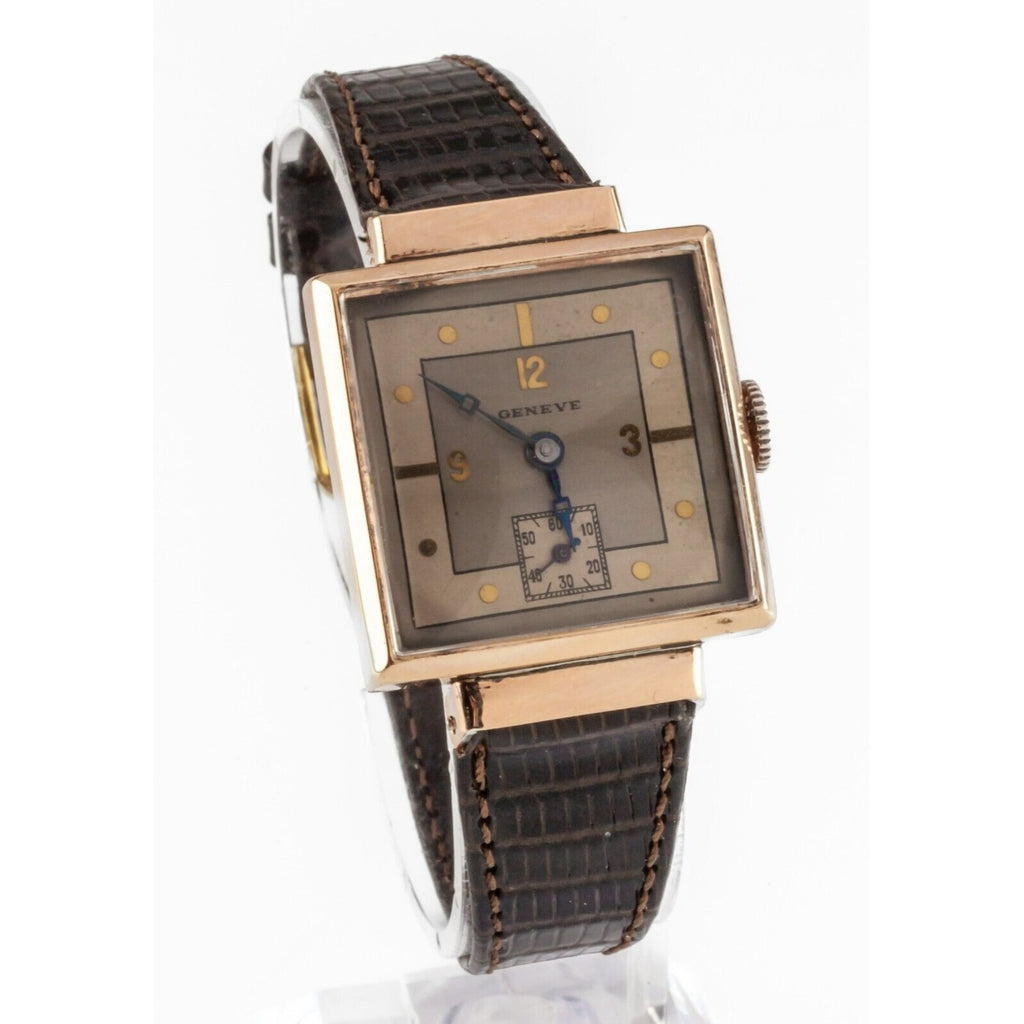 Geneve Men's Art Deco Rose Gold Filled Hand-Winding Watch w/ Leather Band