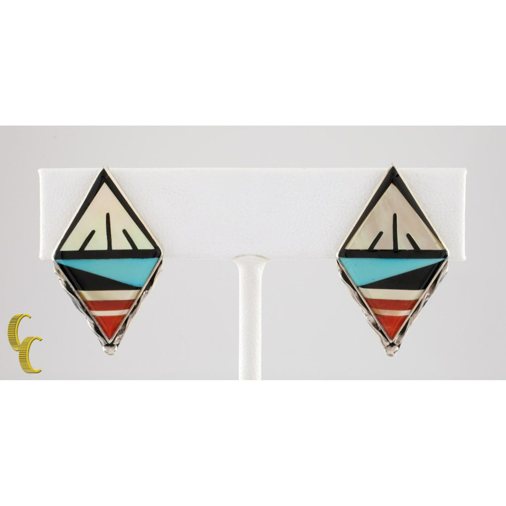 Sterling Silver Lapidary Inlay Diamond Shaped Clip-on Earrings
