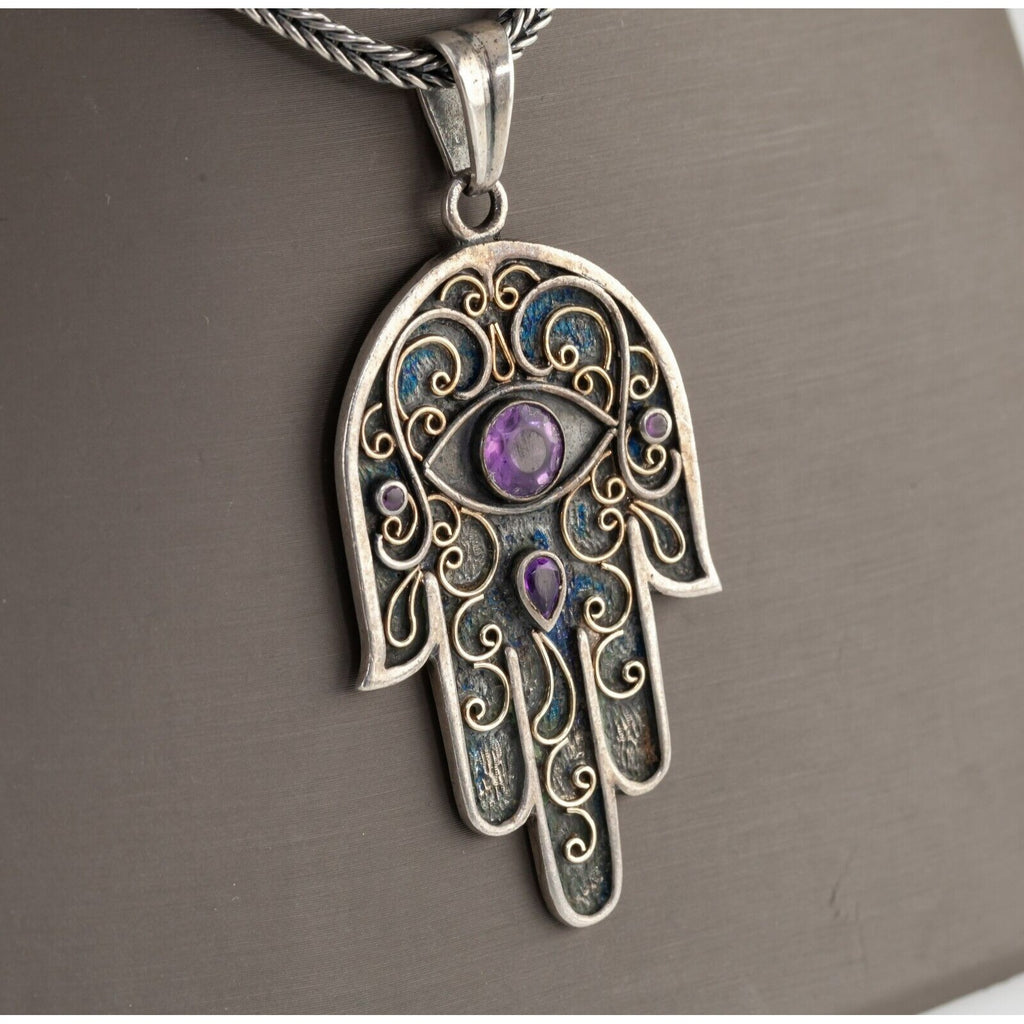 Sterling Silver Judaica Hamsa Pendant with Amethyst Accents 23"