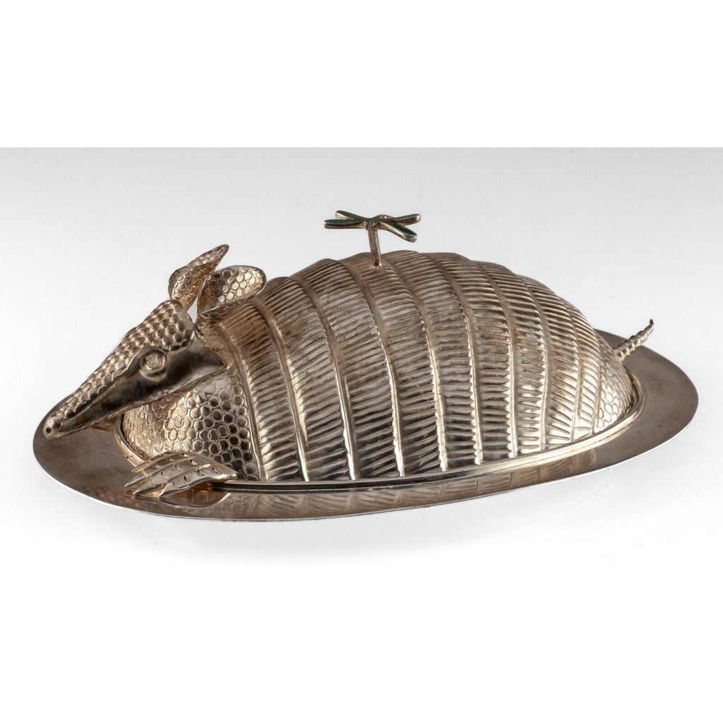 Castillo Family Silverplate Armadillo Butter Dish w/ Turquoise Dragonfly