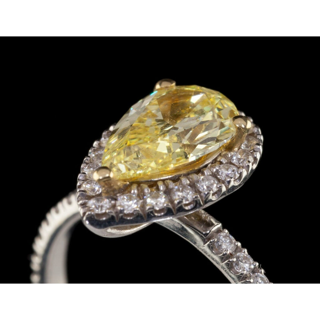 1.28 Pear Shape Lab Created Fancy Yellow Diamond Engagement Ring 18k White Gold