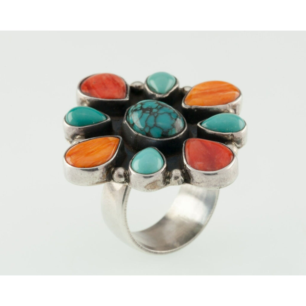 Handmade Turquoise & Orange Spiny Oyster Cluster Sterling Ring Signed!