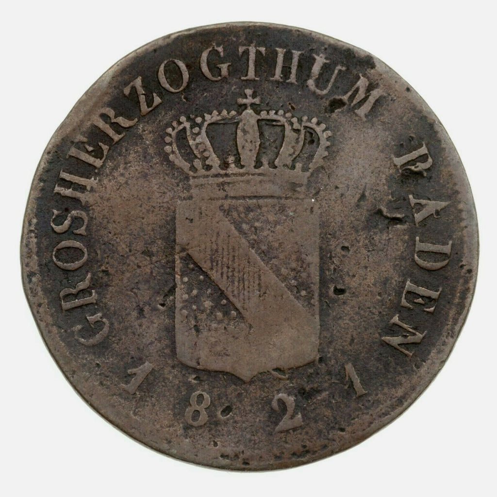 1821 German States Baden 1/2 Kreuzer, VF Condition, KM# 182