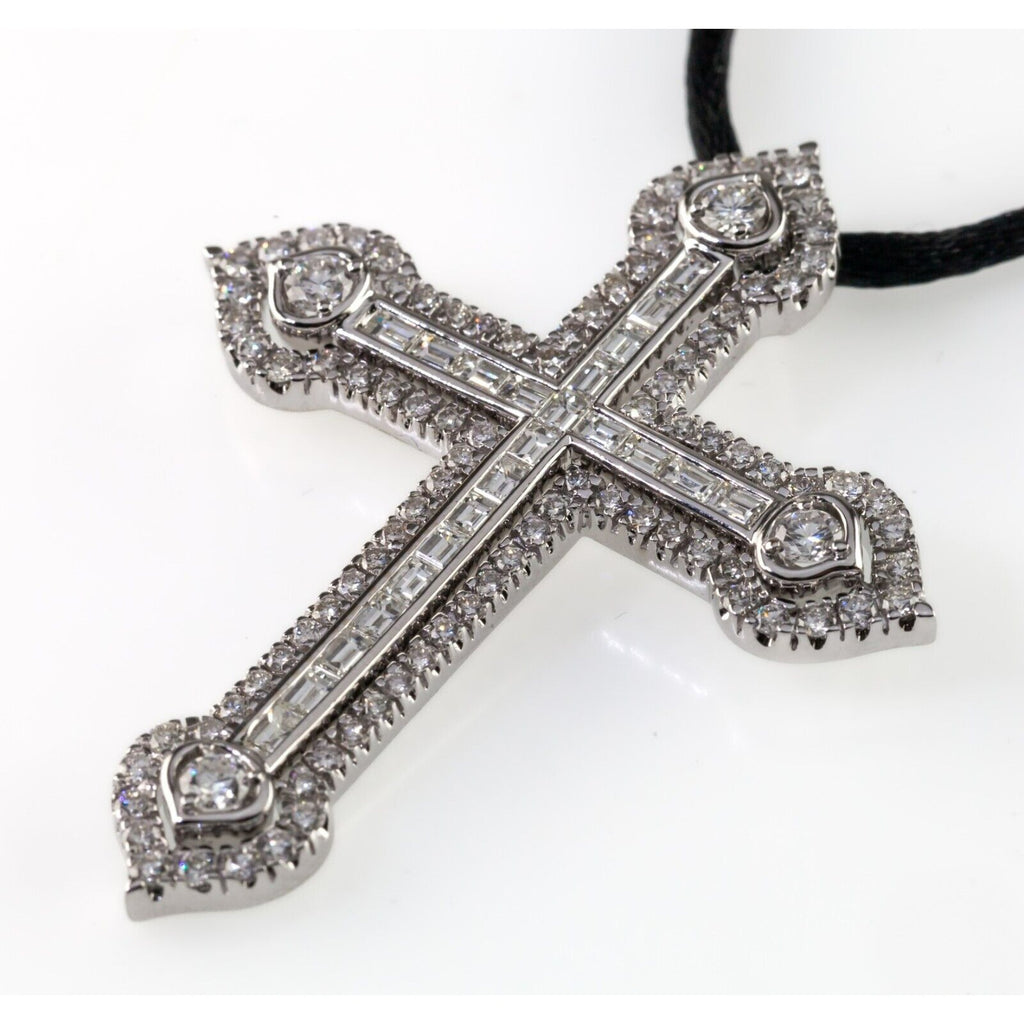 18k White Gold 3 Carat Diamond Cross Pendant on Black Silk Cord