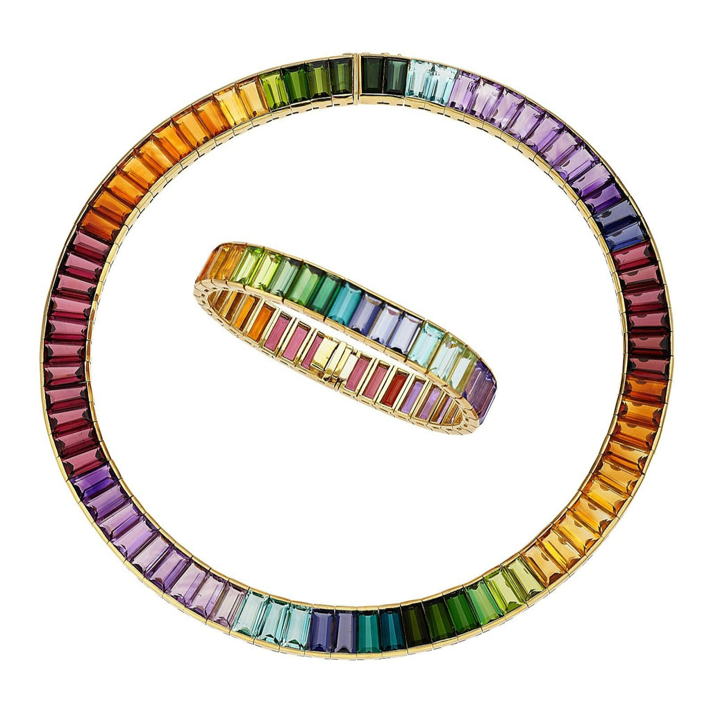 18k Yellow Gold Multi-Gem Rainbow Necklace and Bracelet Set TCW: 110.90ct 190.8g
