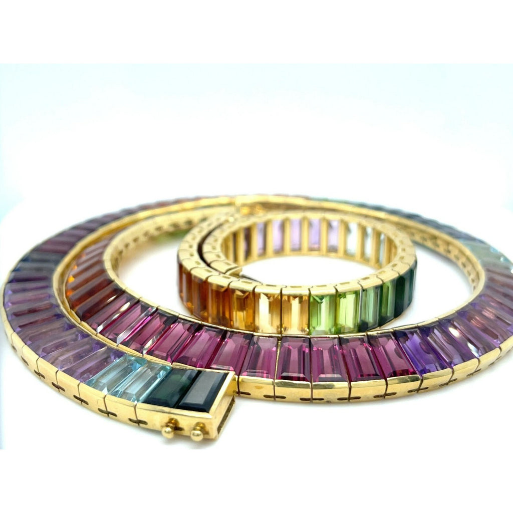 18k Yellow Gold Multi-Gem Rainbow Necklace and Bracelet Set TCW: 110.90ct 190.8g