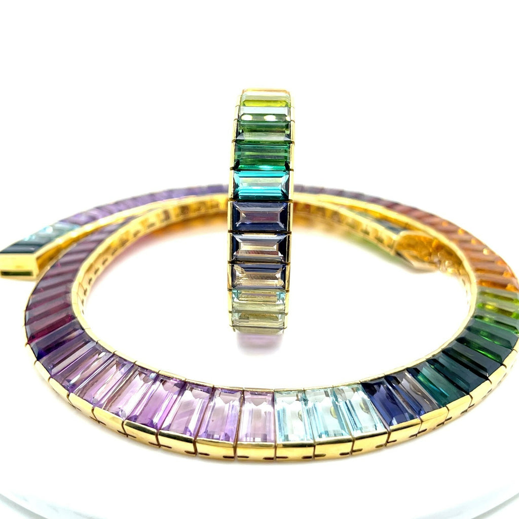 18k Yellow Gold Multi-Gem Rainbow Necklace and Bracelet Set TCW: 110.90ct 190.8g