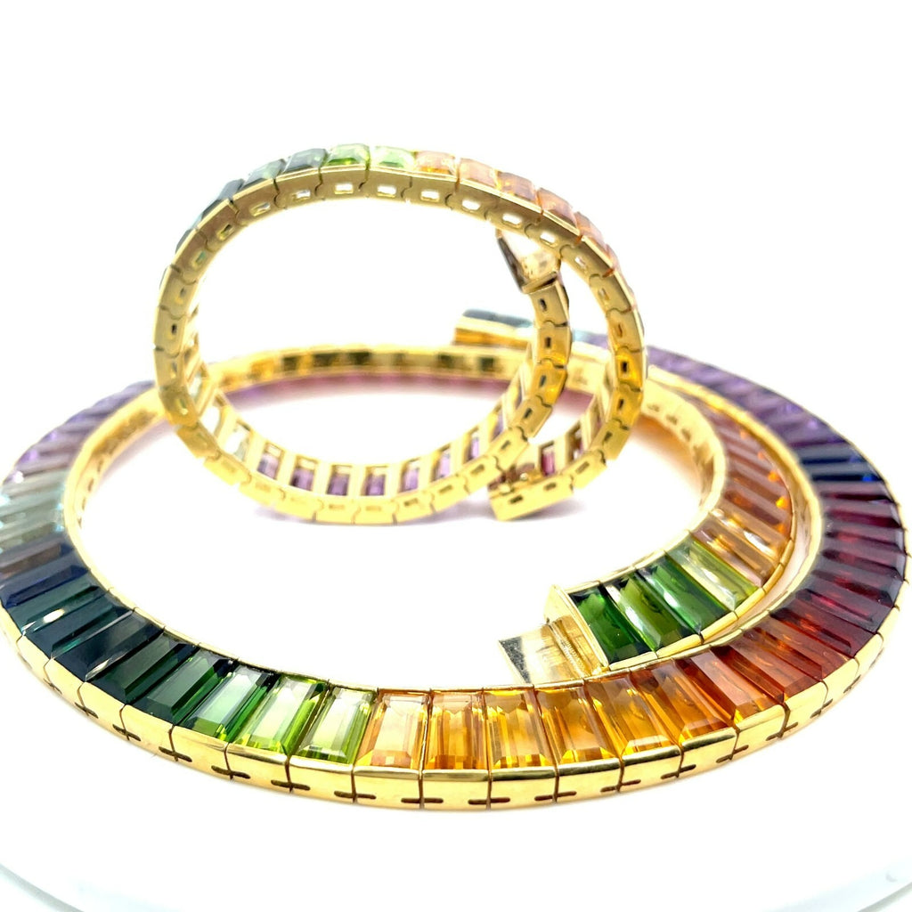 18k Yellow Gold Multi-Gem Rainbow Necklace and Bracelet Set TCW: 110.90ct 190.8g