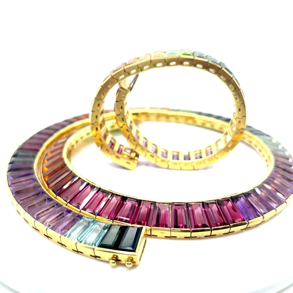 18k Yellow Gold Multi-Gem Rainbow Necklace and Bracelet Set TCW: 110.90ct 190.8g