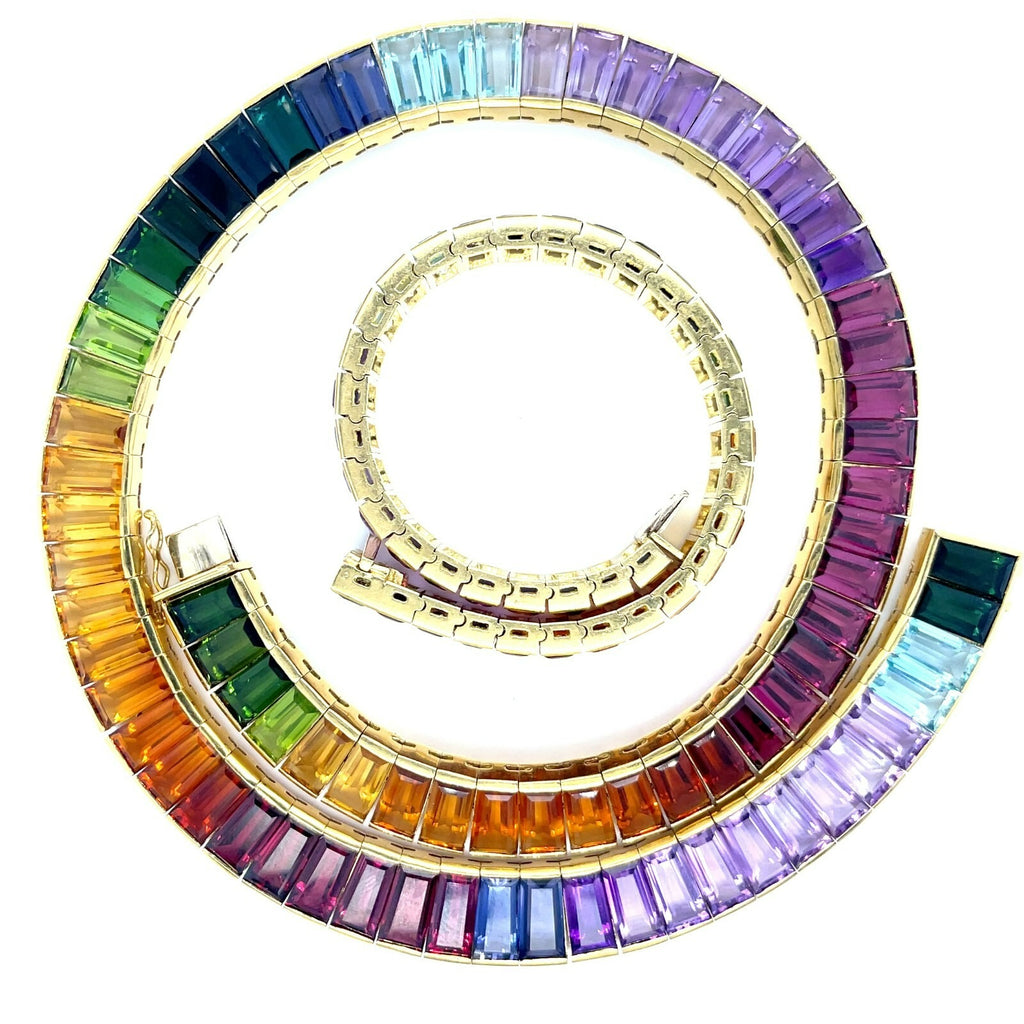 18k Yellow Gold Multi-Gem Rainbow Necklace and Bracelet Set TCW: 110.90ct 190.8g