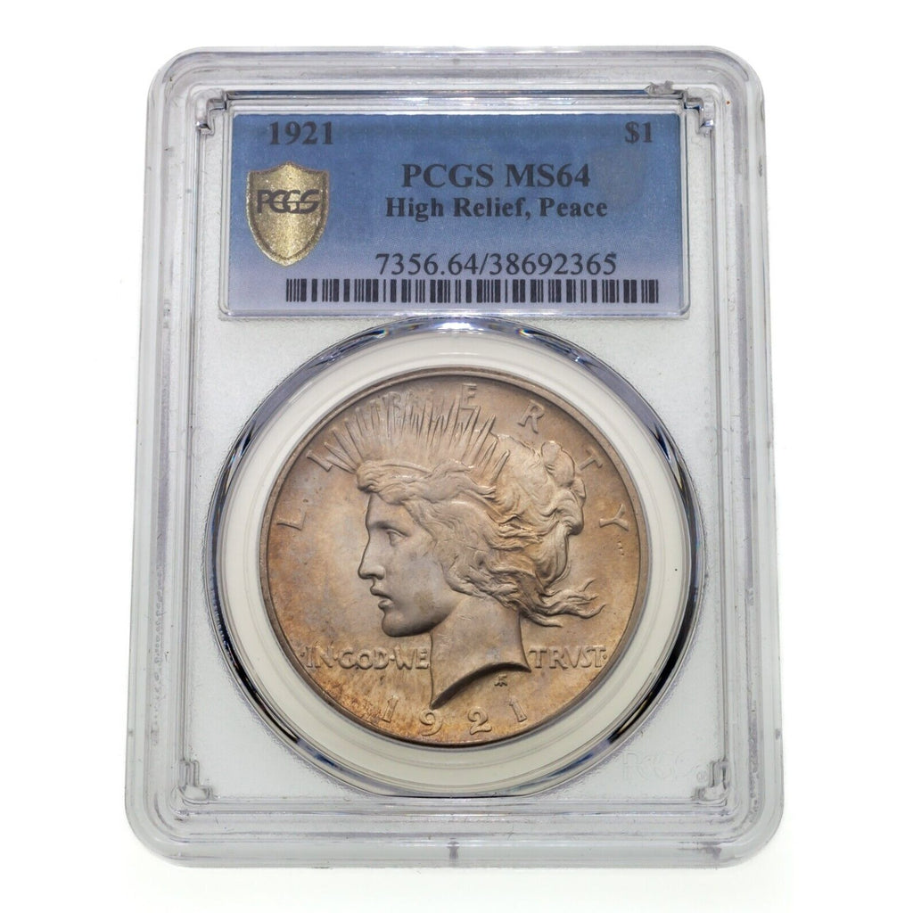 1921 S$1 Silver Peace Dollar High Relief Graded by PCGS as MS-64 Gold Shield