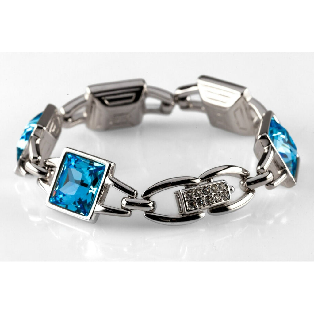 Swarovski Silver Plated Large Blue Crystal Station Bracelet w/ Crystal Clasp