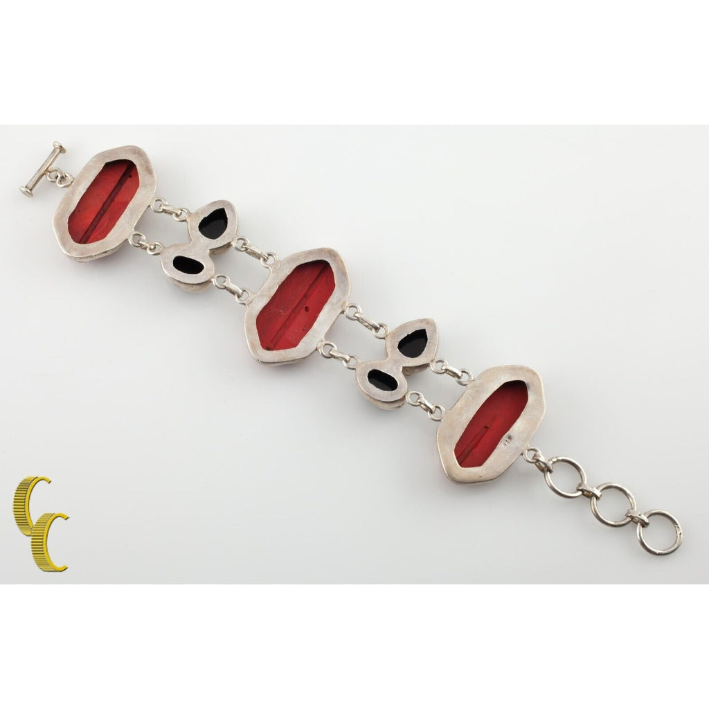 Gorgeous Sterling Silver Cinnabar and Onyx Toggle Bracelet
