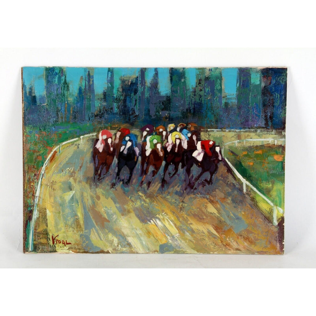"Untitled" by Vidal, Horse Racing, Oil Painting on Board, 15x21