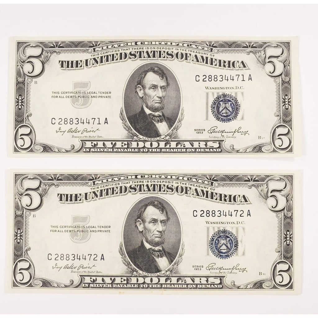 1953 $5 Silver Certificate Lot of 2 Consecutive in Choice Uncirculated Condition